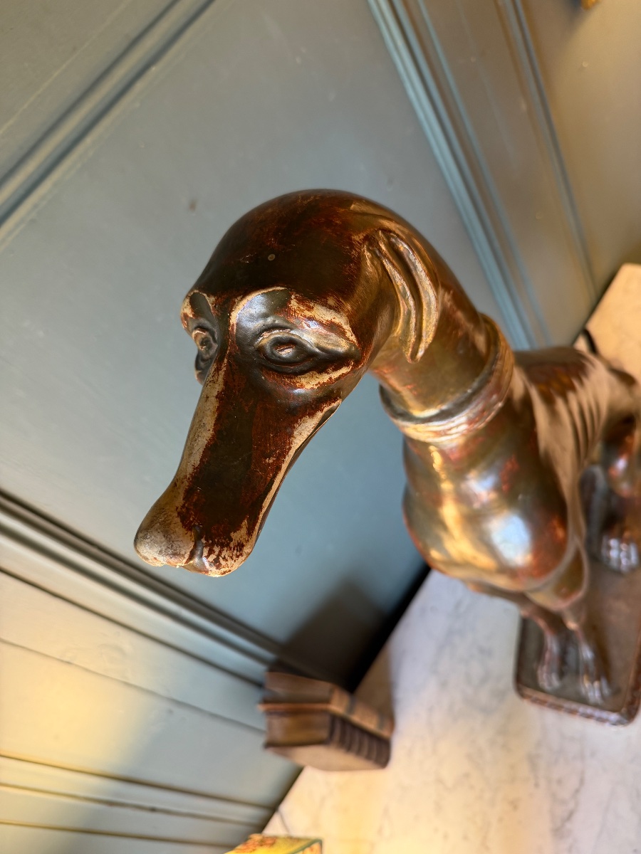 Dog Statue, Carved And Weathered Wooden Greyhound, Height 75.5 Cm-photo-2