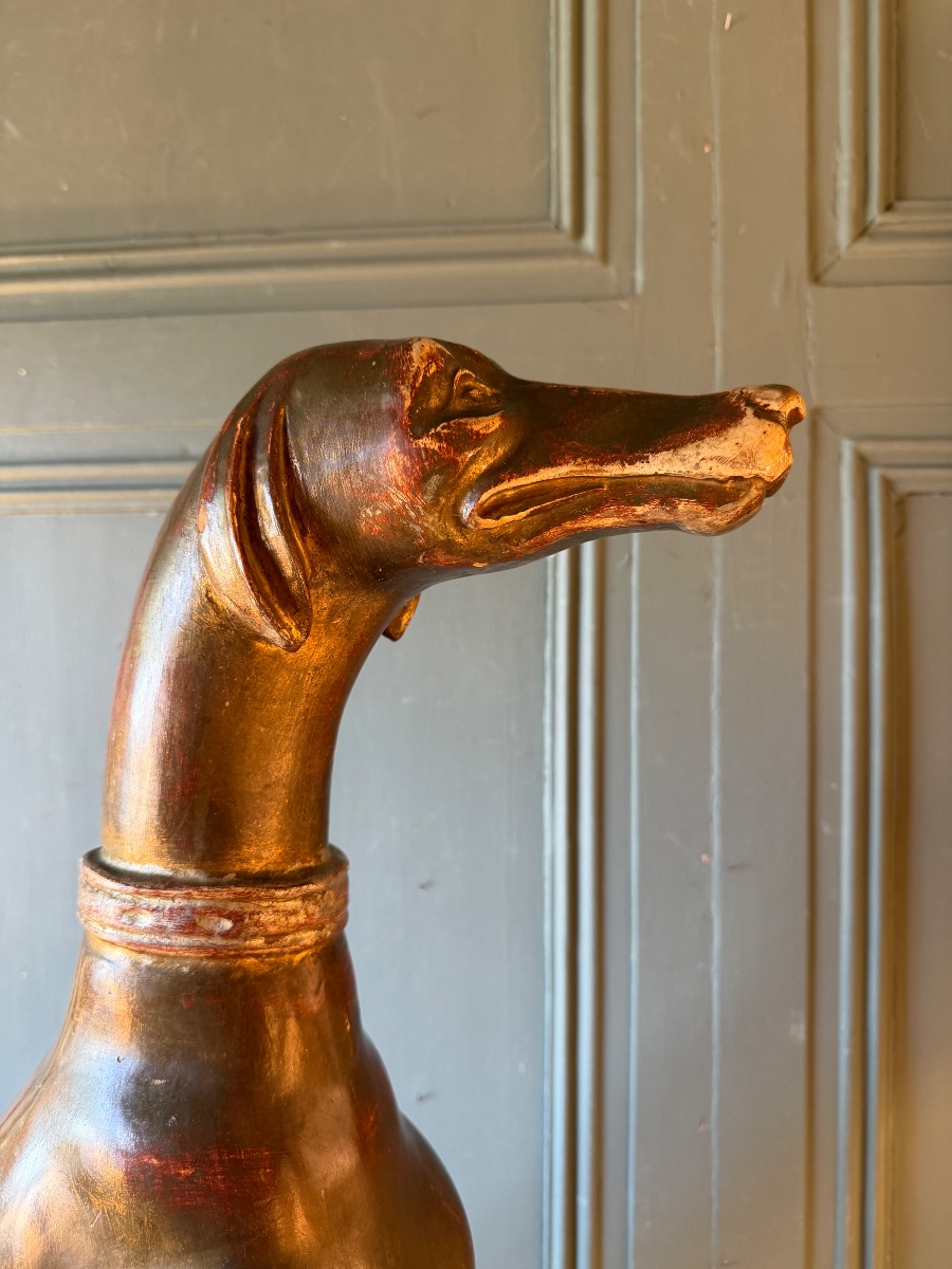 Dog Statue, Carved And Weathered Wooden Greyhound, Height 75.5 Cm-photo-3