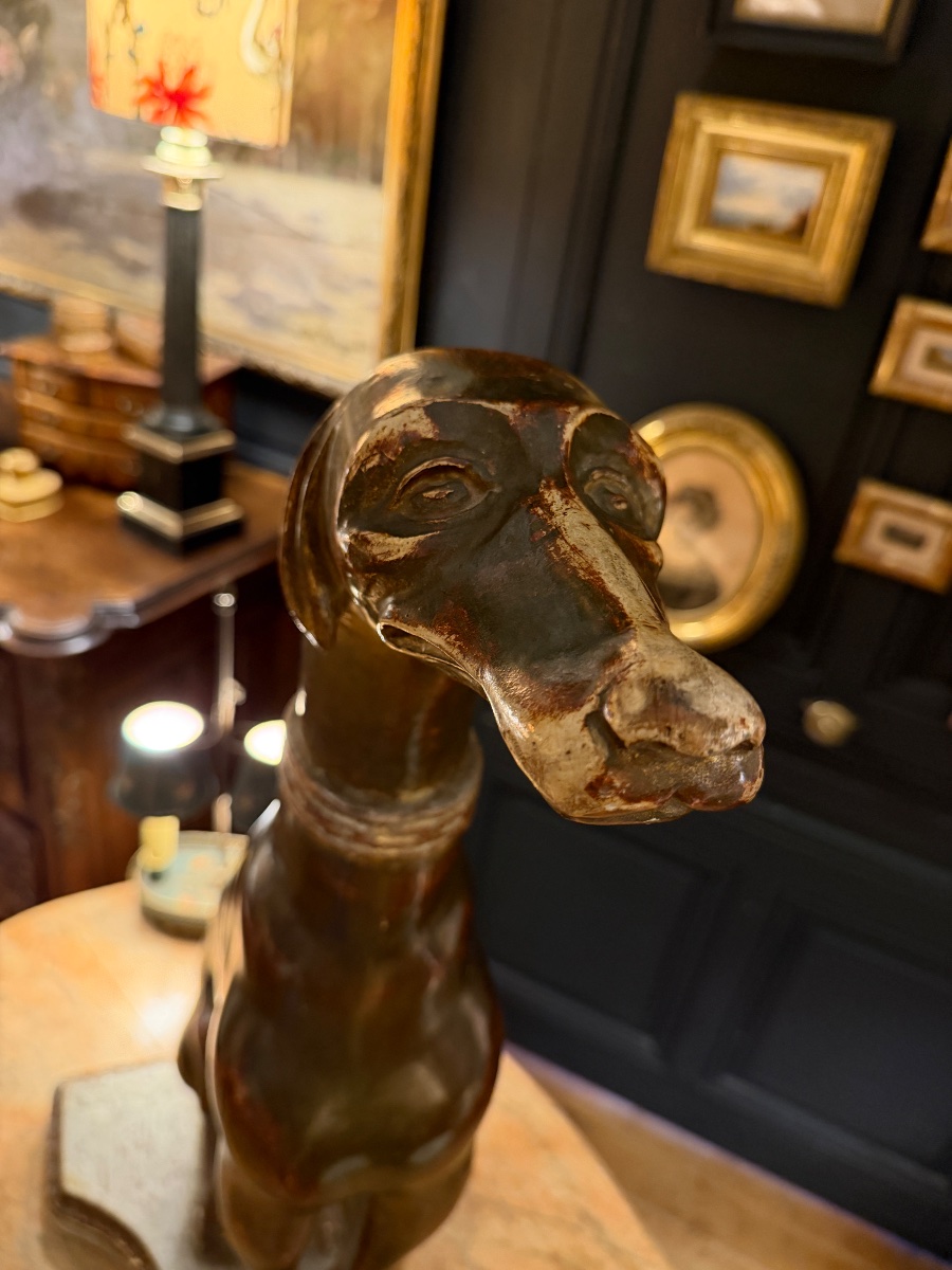 Dog Statue, Carved And Weathered Wooden Greyhound, Height 75.5 Cm-photo-4