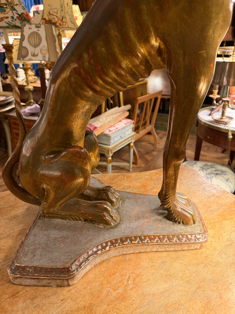 Dog Statue, Carved And Weathered Wooden Greyhound, Height 75.5 Cm-photo-5