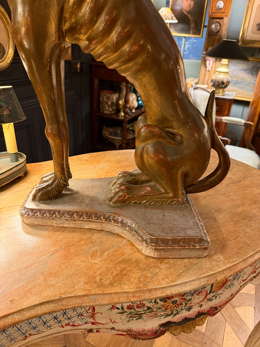 Dog Statue, Carved And Weathered Wooden Greyhound, Height 75.5 Cm-photo-6