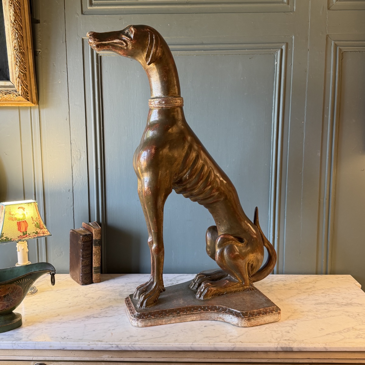 Dog Statue, Carved And Weathered Wooden Greyhound, Height 75.5 Cm