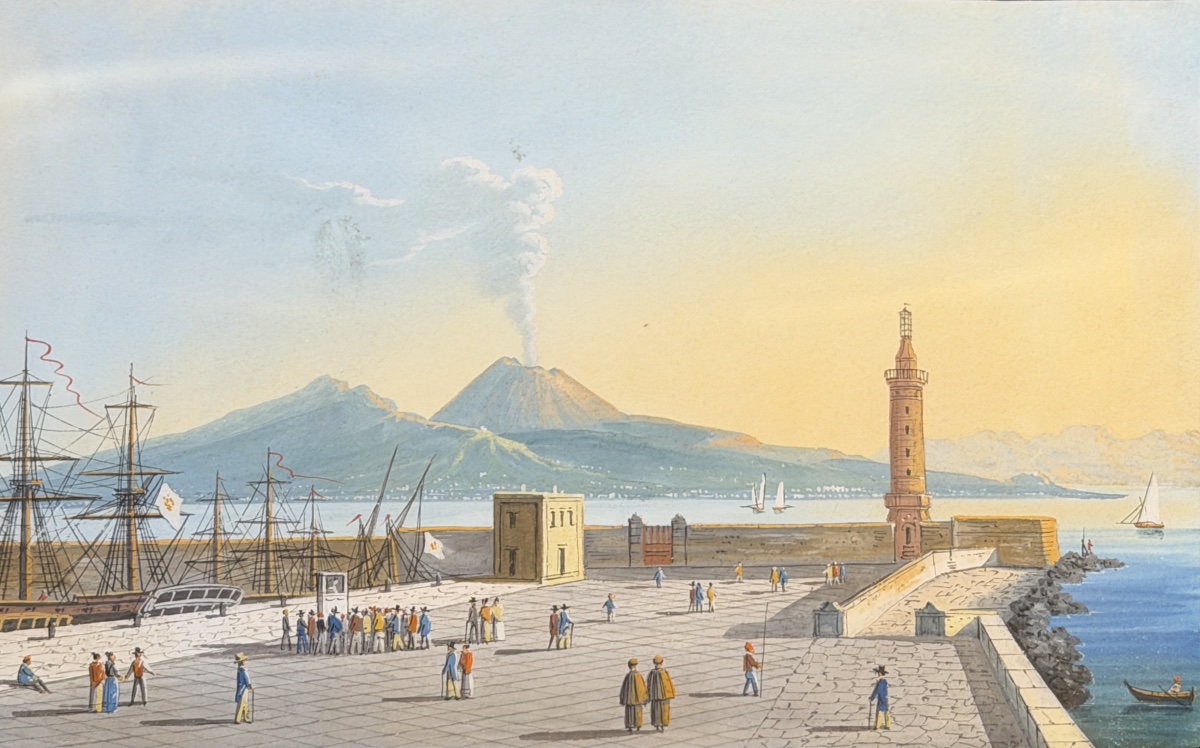 Éruption du Vésuve depuis le Môle de Naples, Gouache XIXème-photo-2