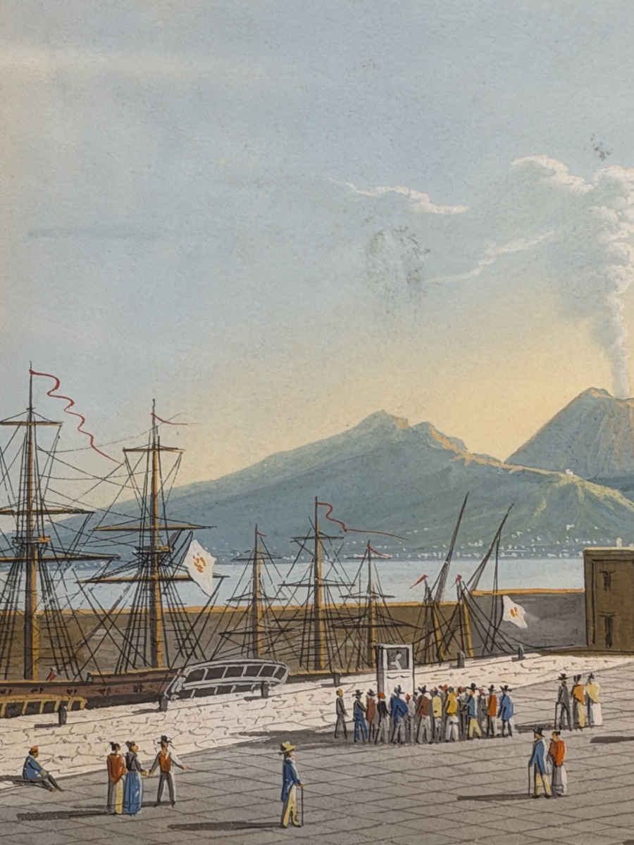 Éruption du Vésuve depuis le Môle de Naples, Gouache XIXème-photo-3