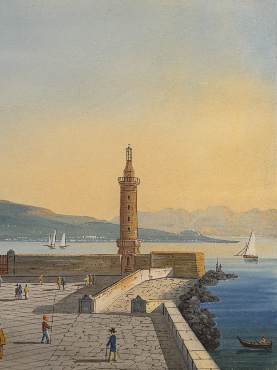 Éruption du Vésuve depuis le Môle de Naples, Gouache XIXème-photo-1