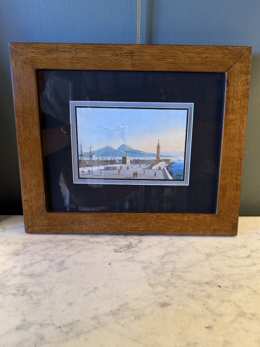 Éruption du Vésuve depuis le Môle de Naples, Gouache XIXème-photo-2