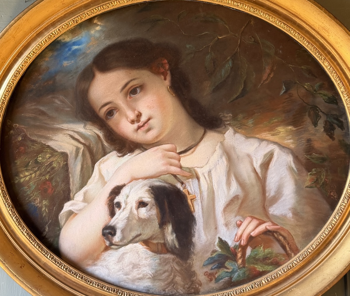 Portrait d'une jeune fille au chien, pastel XIXème d'après Cécile Berthe Lafosse-photo-2
