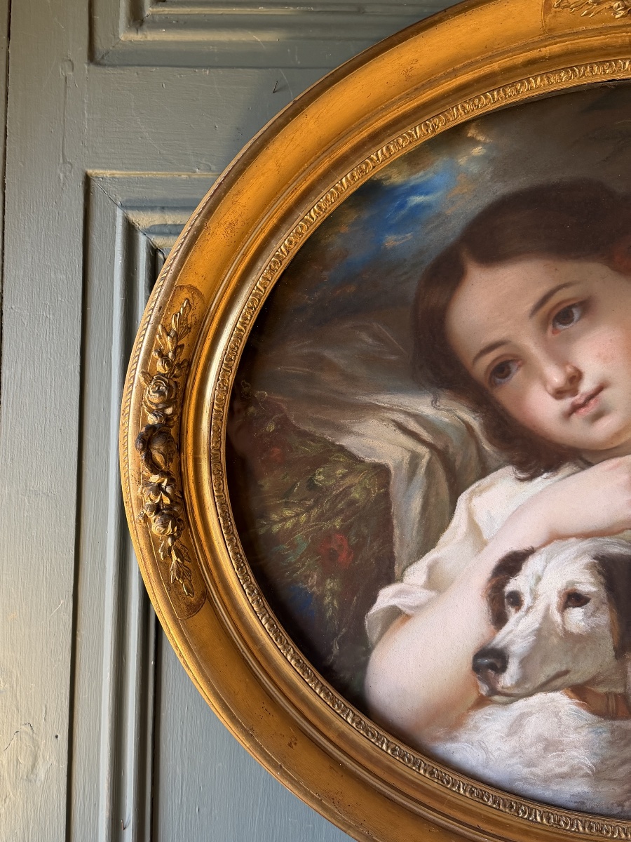 Portrait d'une jeune fille au chien, pastel XIXème d'après Cécile Berthe Lafosse-photo-2