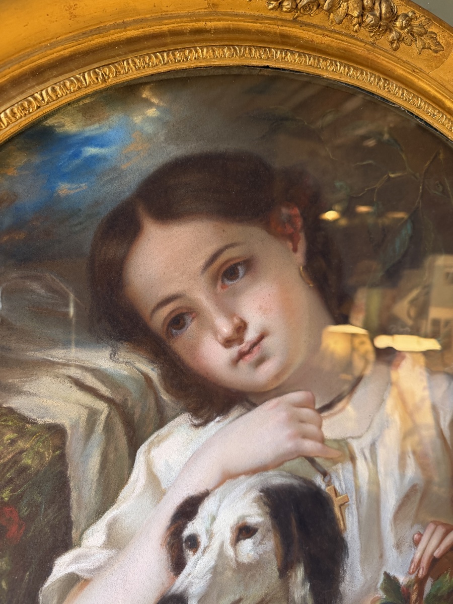Portrait d'une jeune fille au chien, pastel XIXème d'après Cécile Berthe Lafosse-photo-3