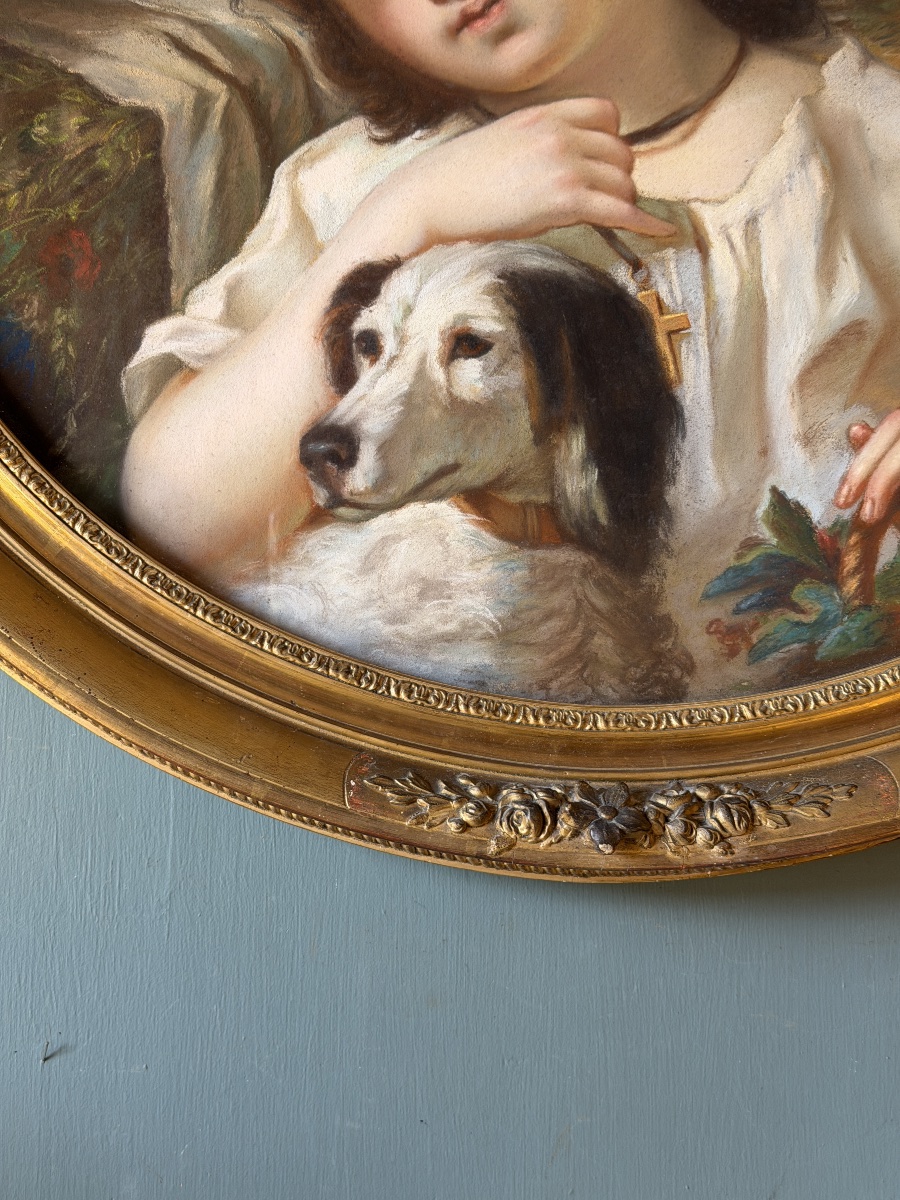 Portrait d'une jeune fille au chien, pastel XIXème d'après Cécile Berthe Lafosse-photo-4