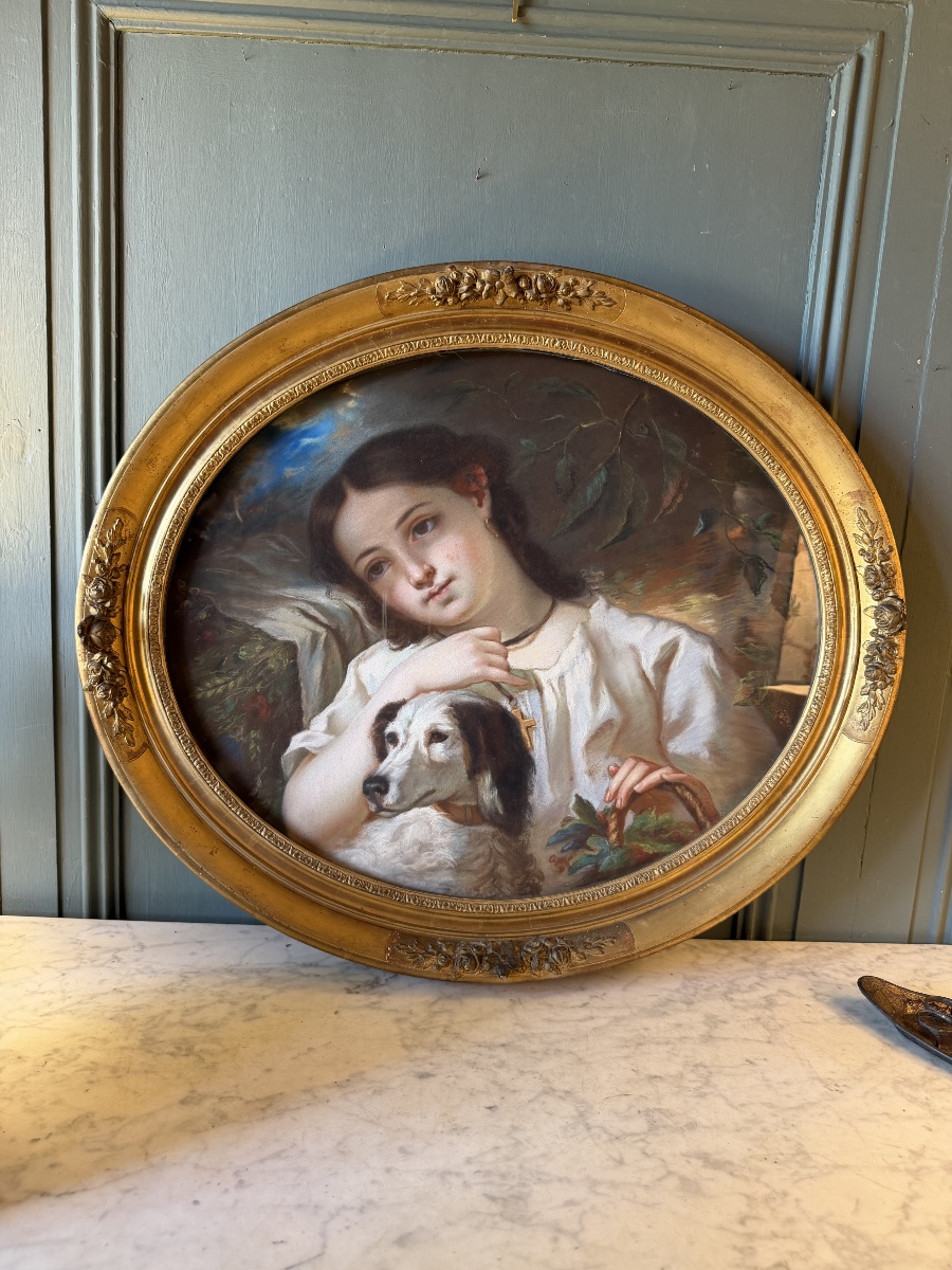 Portrait d'une jeune fille au chien, pastel XIXème d'après Cécile Berthe Lafosse-photo-5