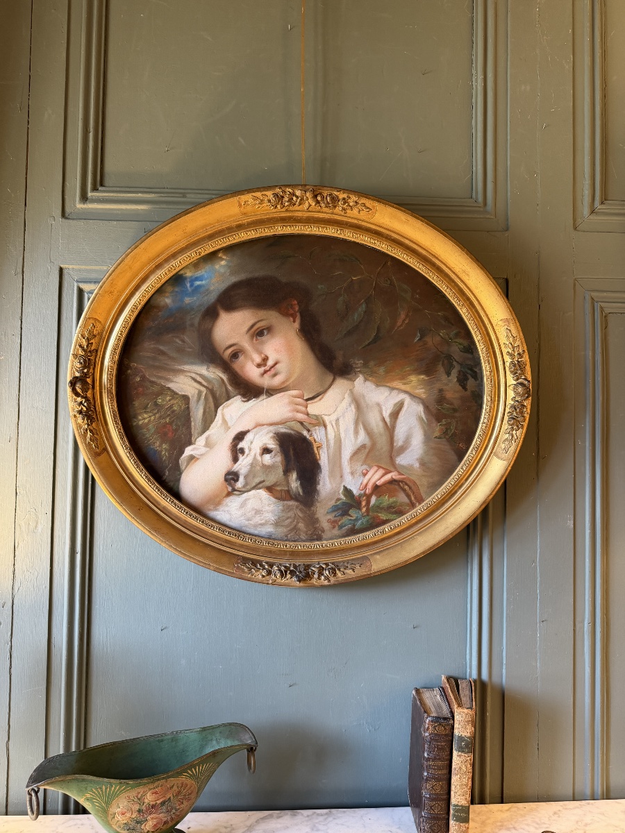 Portrait d'une jeune fille au chien, pastel XIXème d'après Cécile Berthe Lafosse-photo-7