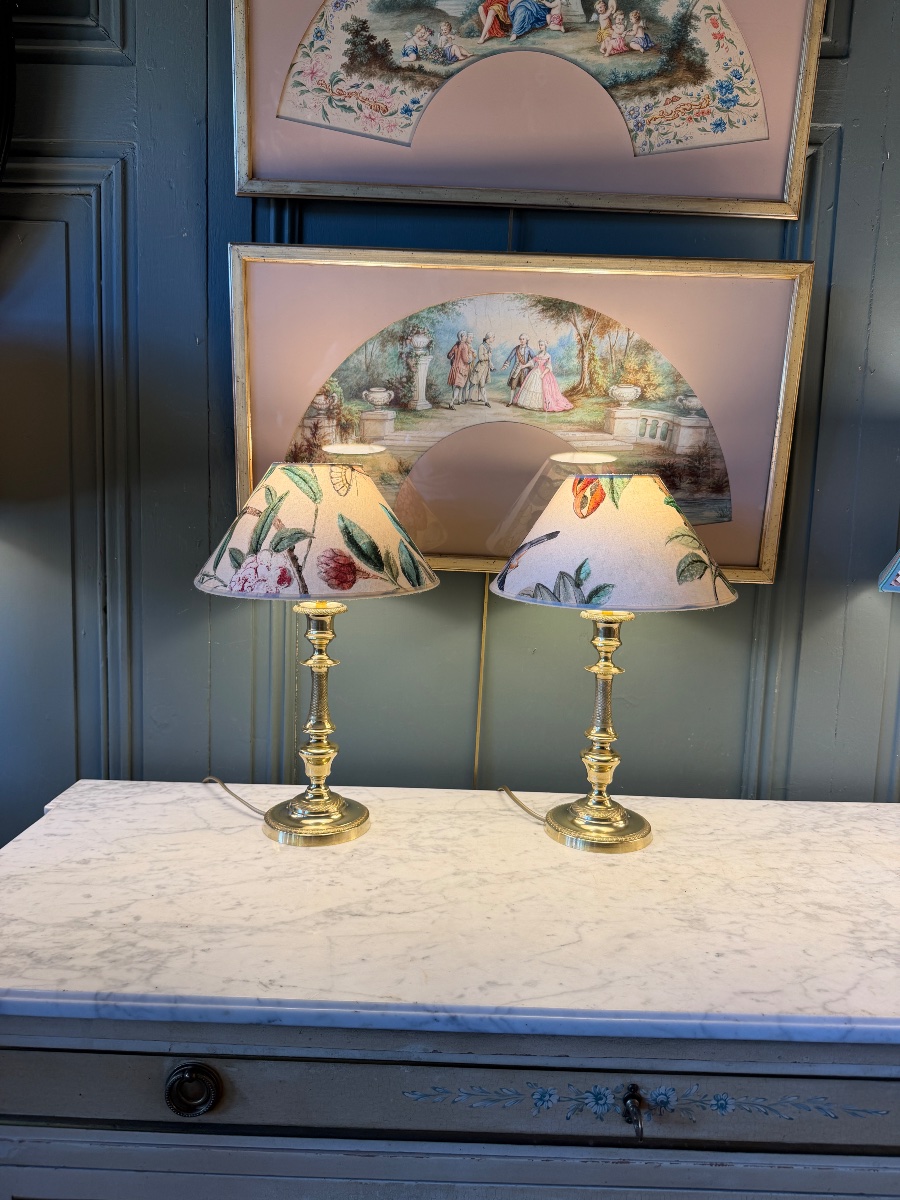 Pair Of Chiseled Bronze Lamps, Height 39 Cm-photo-4