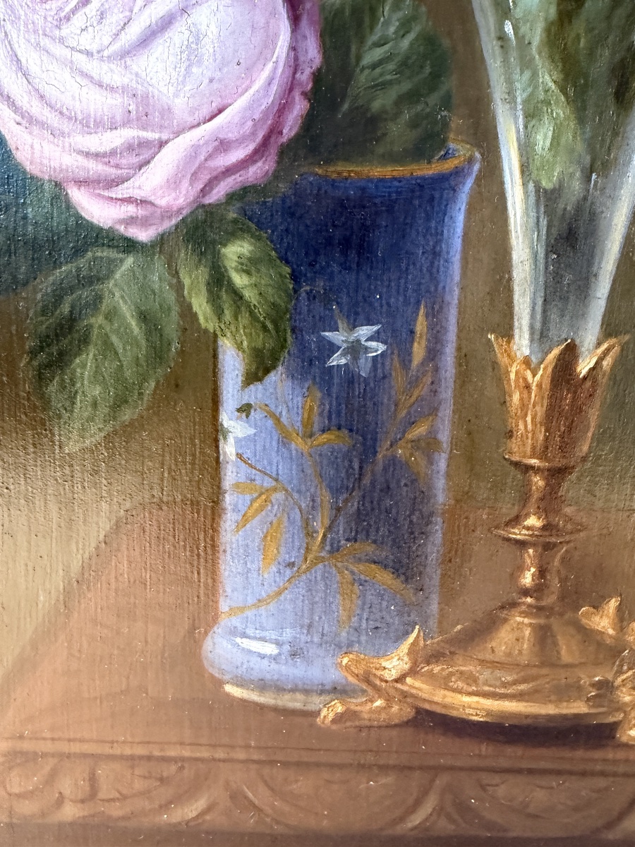 Tableau de fleurs XIXème, rose et pensées -photo-3