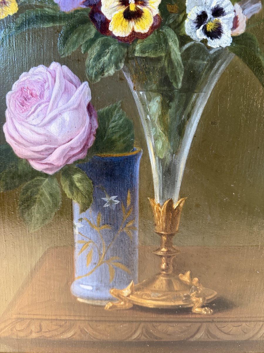 Tableau de fleurs XIXème, rose et pensées -photo-4