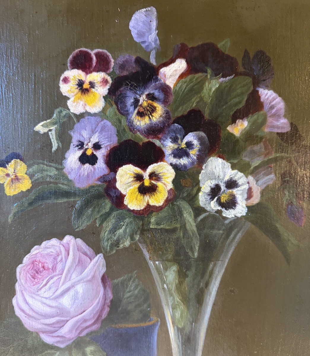 Tableau de fleurs XIXème, rose et pensées -photo-1