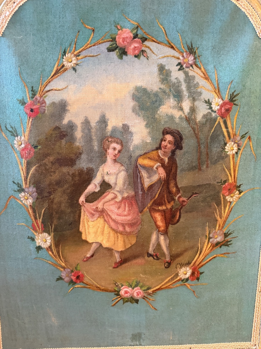 19th-century Painted Canvas Fireplace Screen-photo-3