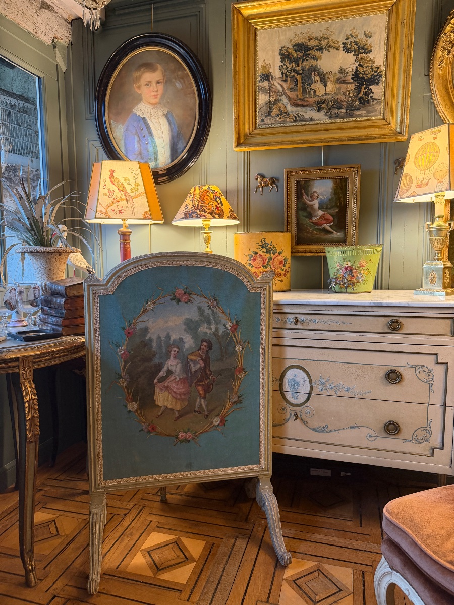 19th-century Painted Canvas Fireplace Screen-photo-7