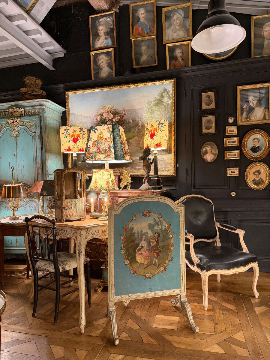 19th-century Painted Canvas Fireplace Screen-photo-8
