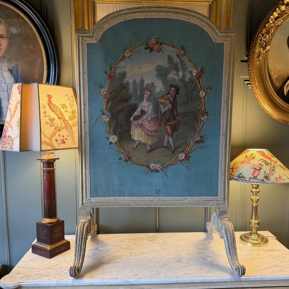 19th-century Painted Canvas Fireplace Screen