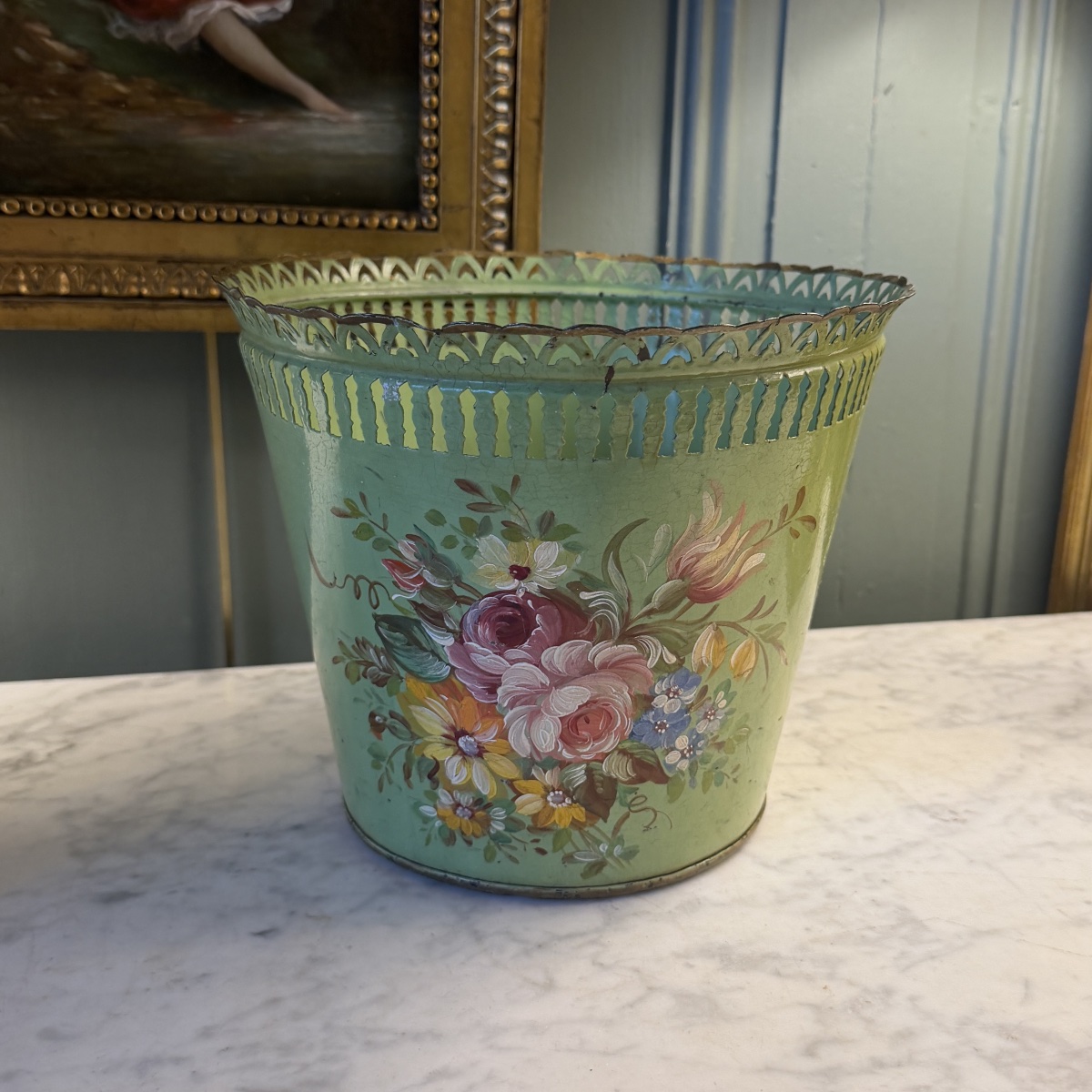 Potted Plant Holder Or Basket Made Of Painted Sheet Metal, Height 19 Cm