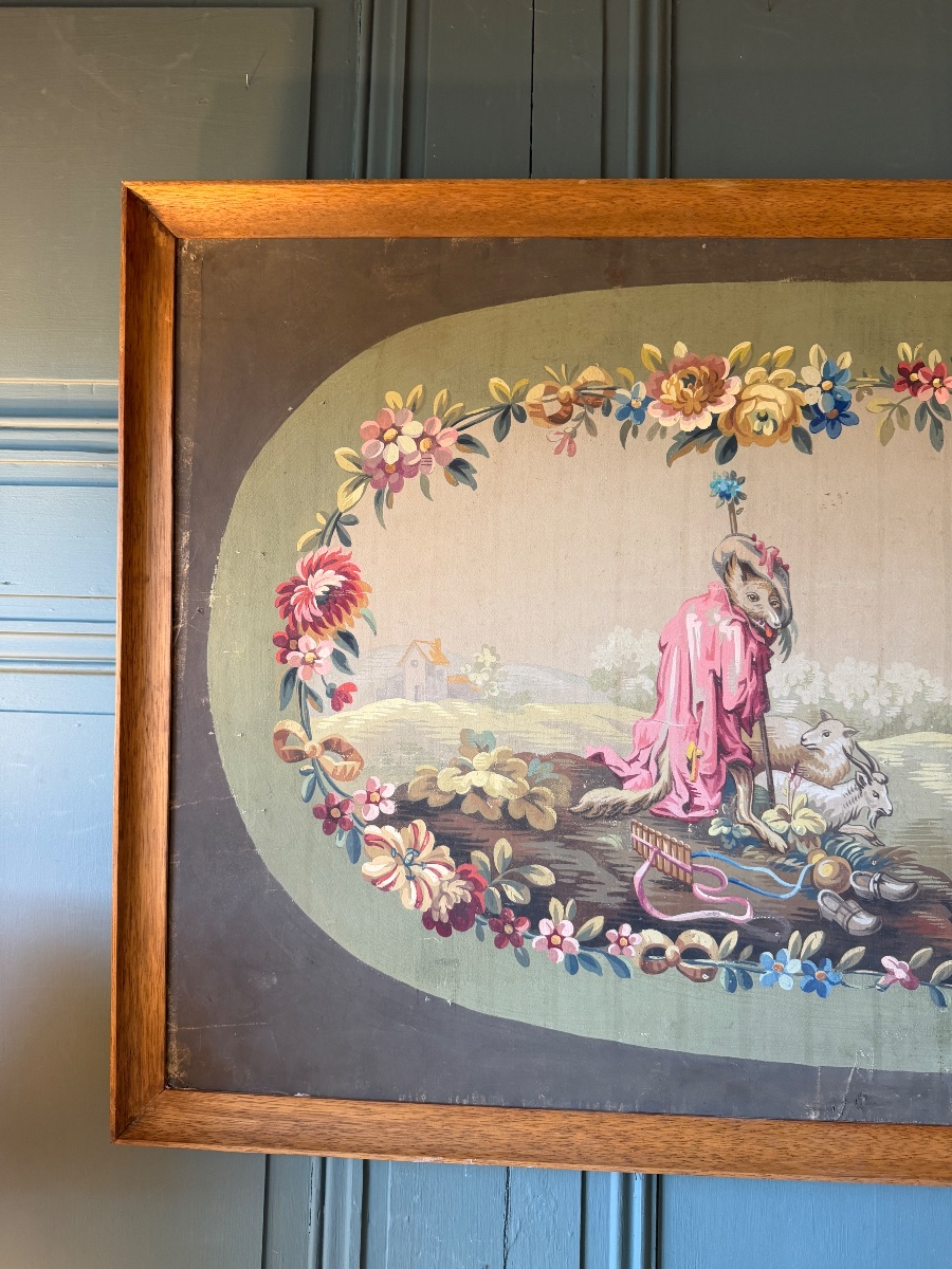 Carton de tapisserie d'Aubusson " Le Loup devenu Berger" d'après les fables de la Fontaine-photo-2
