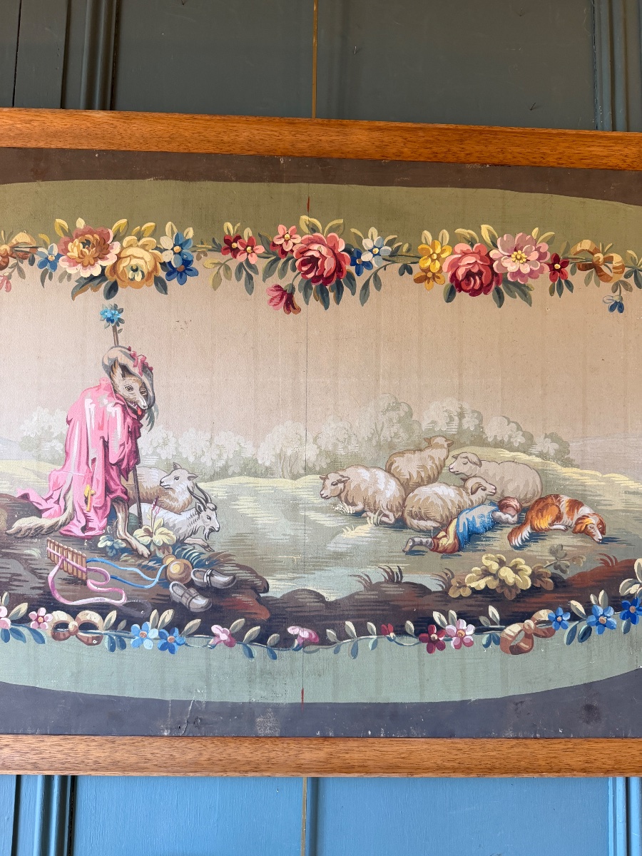 Carton de tapisserie d'Aubusson " Le Loup devenu Berger" d'après les fables de la Fontaine-photo-3