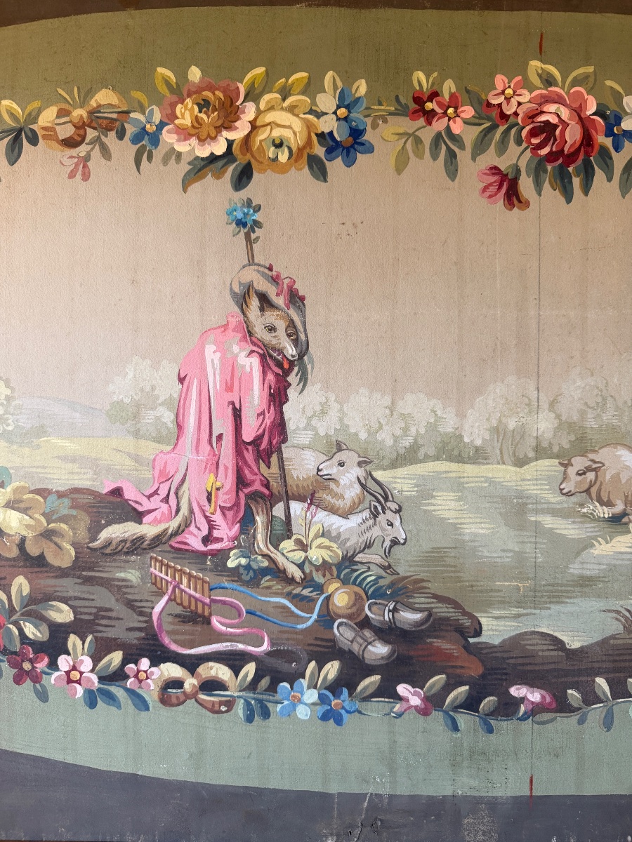 Carton de tapisserie d'Aubusson " Le Loup devenu Berger" d'après les fables de la Fontaine-photo-1