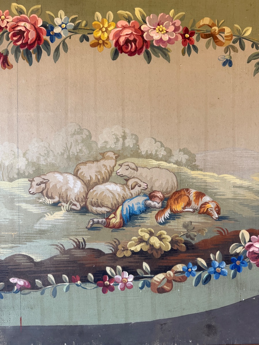 Carton de tapisserie d'Aubusson " Le Loup devenu Berger" d'après les fables de la Fontaine-photo-2