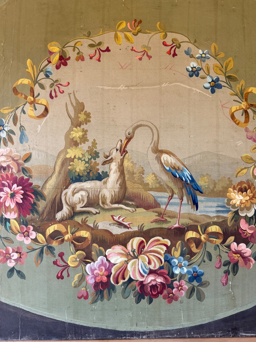 Aubusson Tapestry Design, "the Fox And The Stork," Based On La Fontaine's Fables-photo-2
