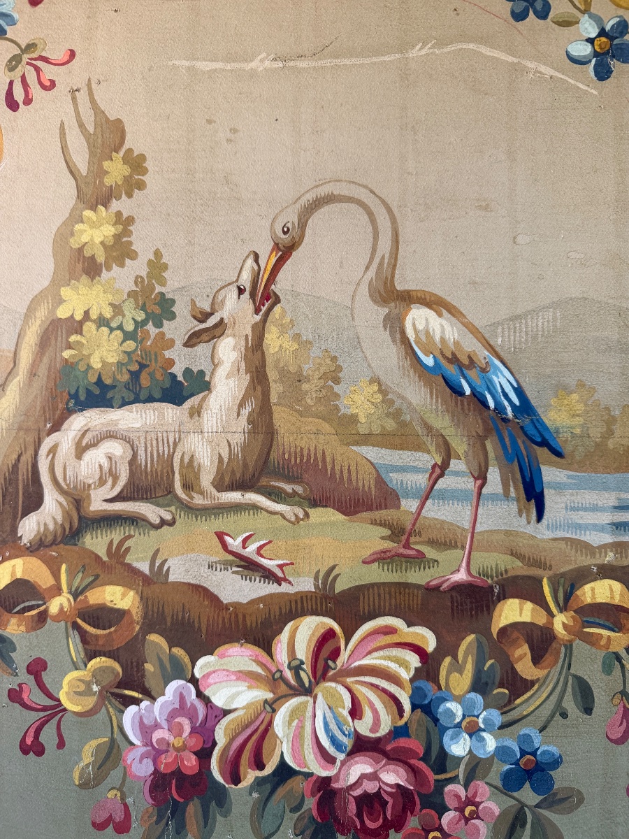 Aubusson Tapestry Design, "the Fox And The Stork," Based On La Fontaine's Fables-photo-3