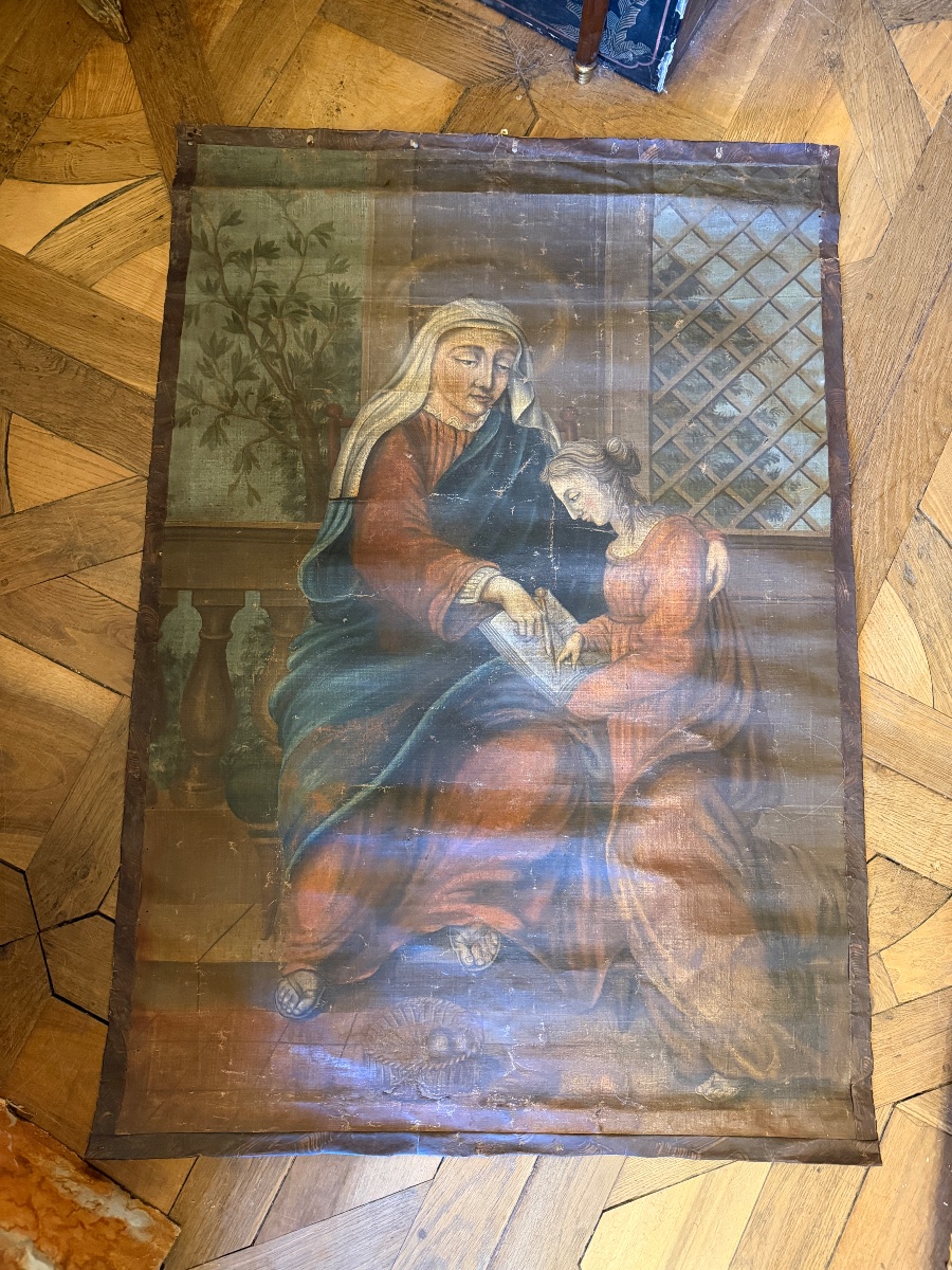 Large 18th-century Painted Canvas, *the Education Of The Virgin* -photo-6