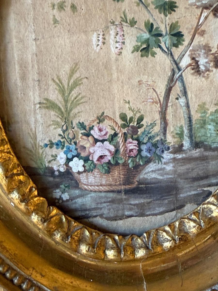 Small Medallion-shaped Watercolor Painting Of A Tree And Flowers, Early 19th Century-photo-3