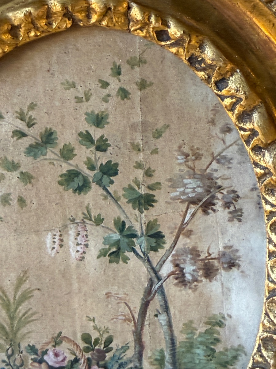 Small Medallion-shaped Watercolor Painting Of A Tree And Flowers, Early 19th Century-photo-4