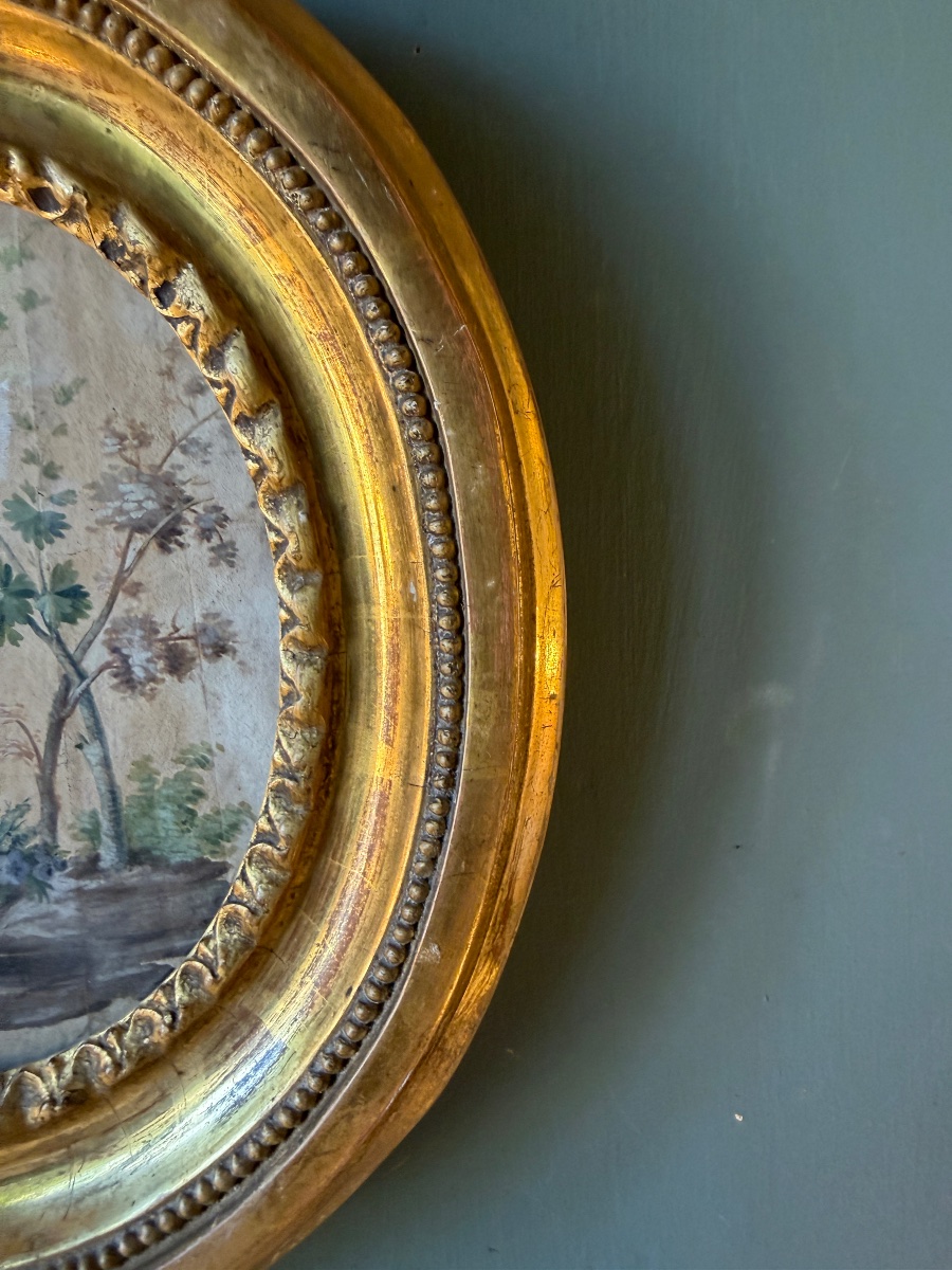 Small Medallion-shaped Watercolor Painting Of A Tree And Flowers, Early 19th Century-photo-1