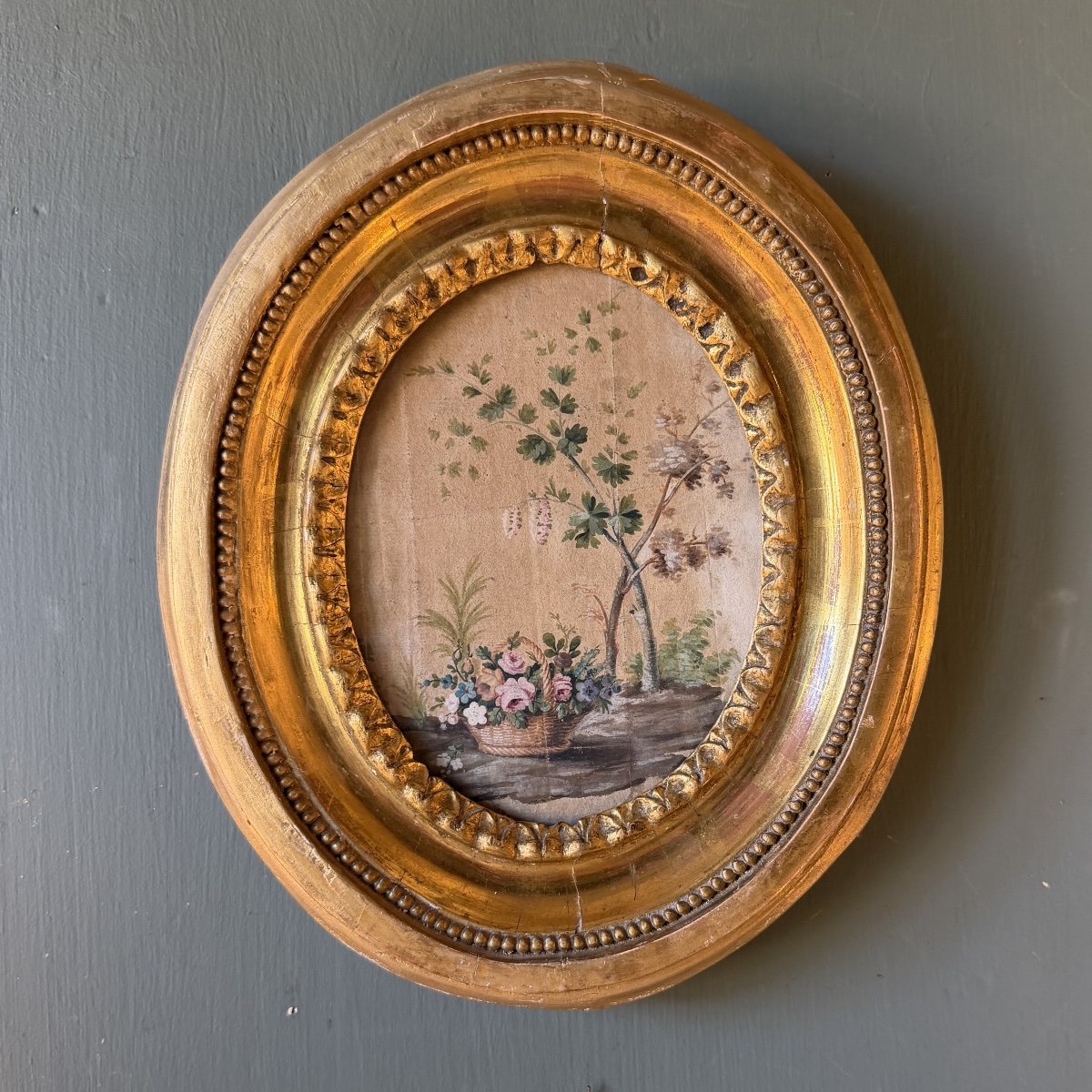 Small Medallion-shaped Watercolor Painting Of A Tree And Flowers, Early 19th Century