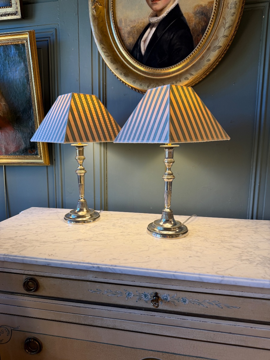 Pair Of Directoire-style Silver-plated Bronze Lamps, Height 44 Cm-photo-2