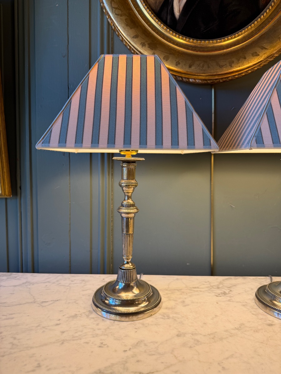 Pair Of Directoire-style Silver-plated Bronze Lamps, Height 44 Cm-photo-4