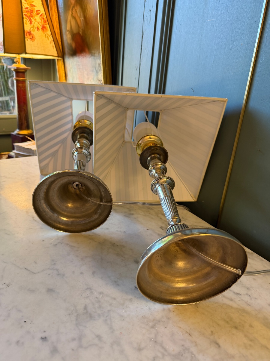 Pair Of Directoire-style Silver-plated Bronze Lamps, Height 44 Cm-photo-6