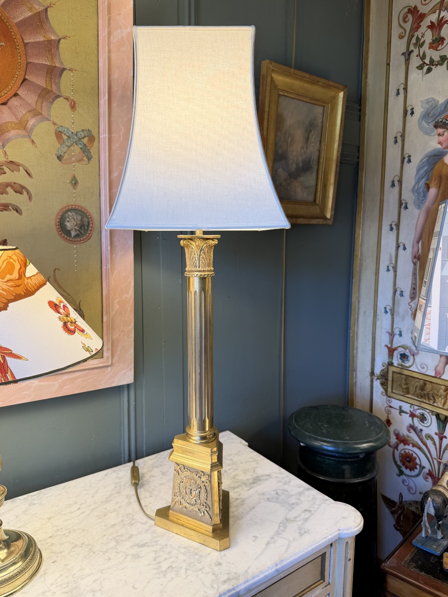 Large Gilded Bronze Empire-style Lamp, Height 80 Cm-photo-3
