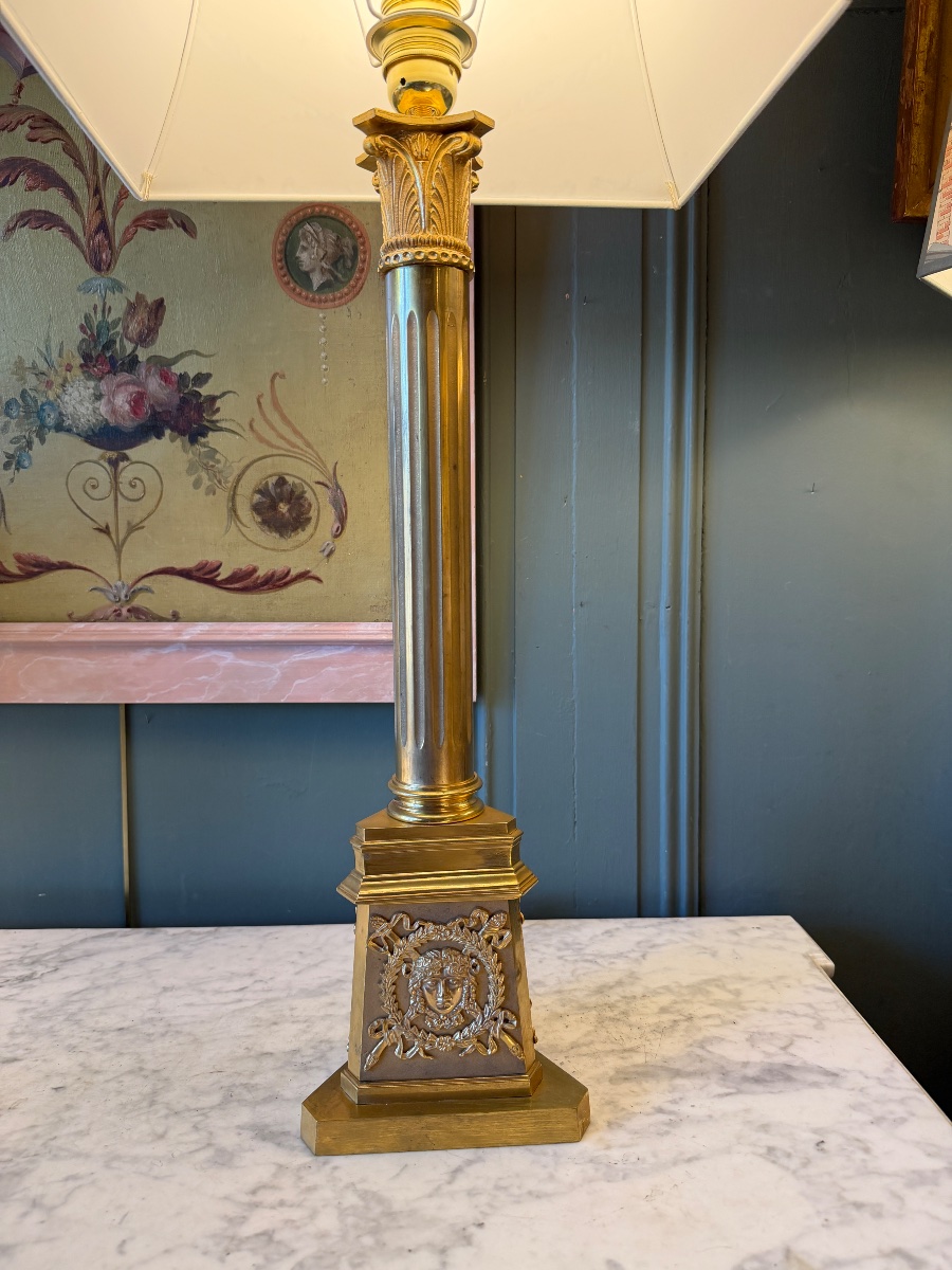 Large Gilded Bronze Empire-style Lamp, Height 80 Cm-photo-1