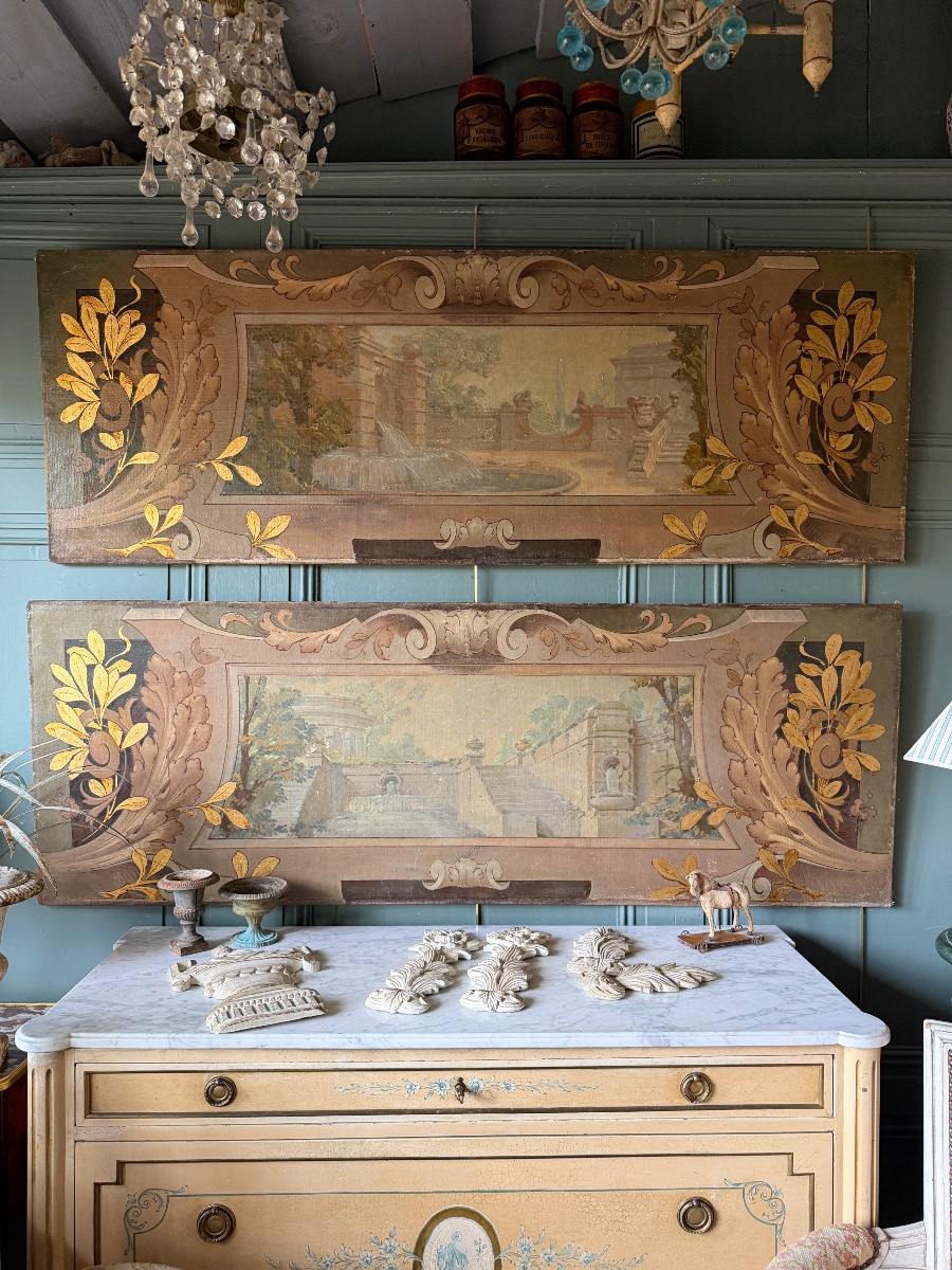 Grande paire de toiles peintes décoratives en trompe-l'oeil-photo-2