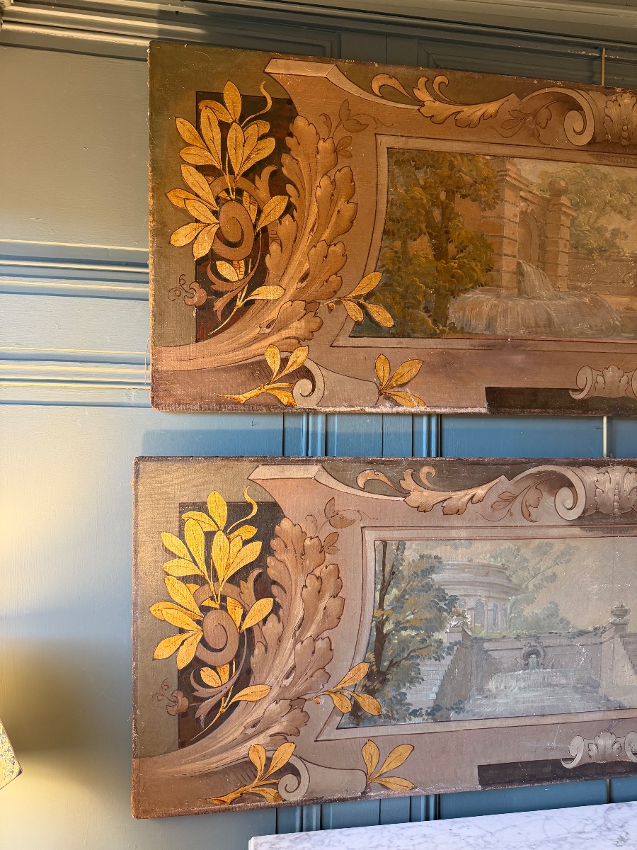 Grande paire de toiles peintes décoratives en trompe-l'oeil-photo-3