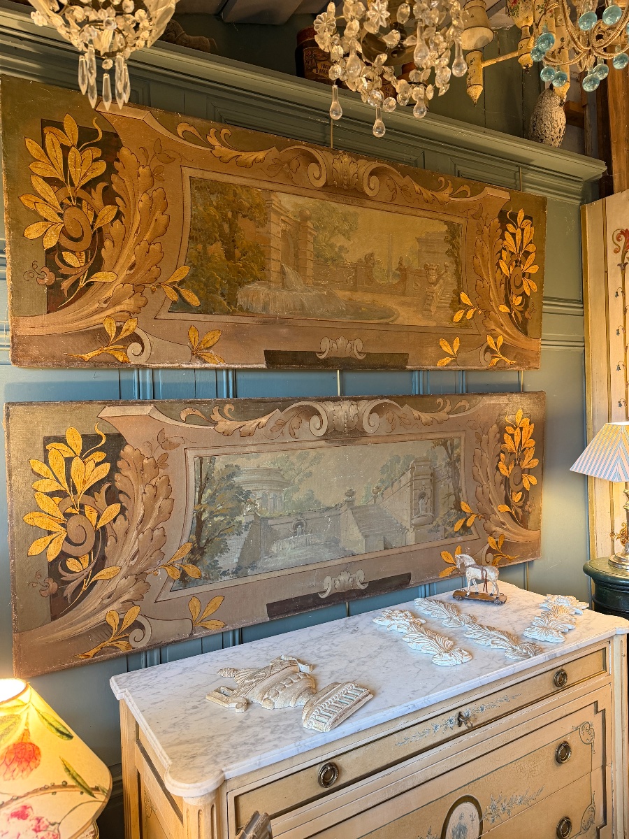 Grande paire de toiles peintes décoratives en trompe-l'oeil-photo-5