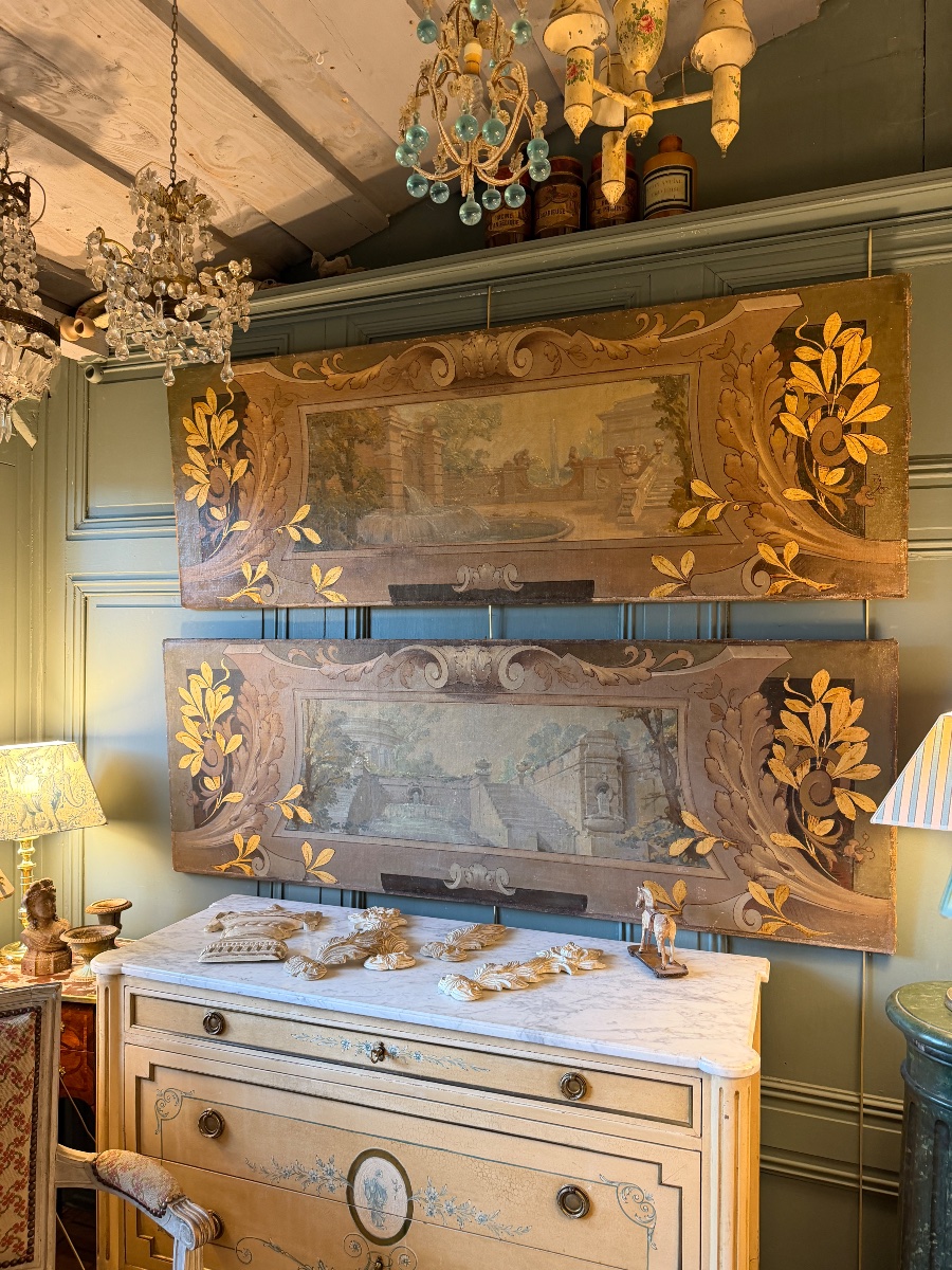 Grande paire de toiles peintes décoratives en trompe-l'oeil-photo-6