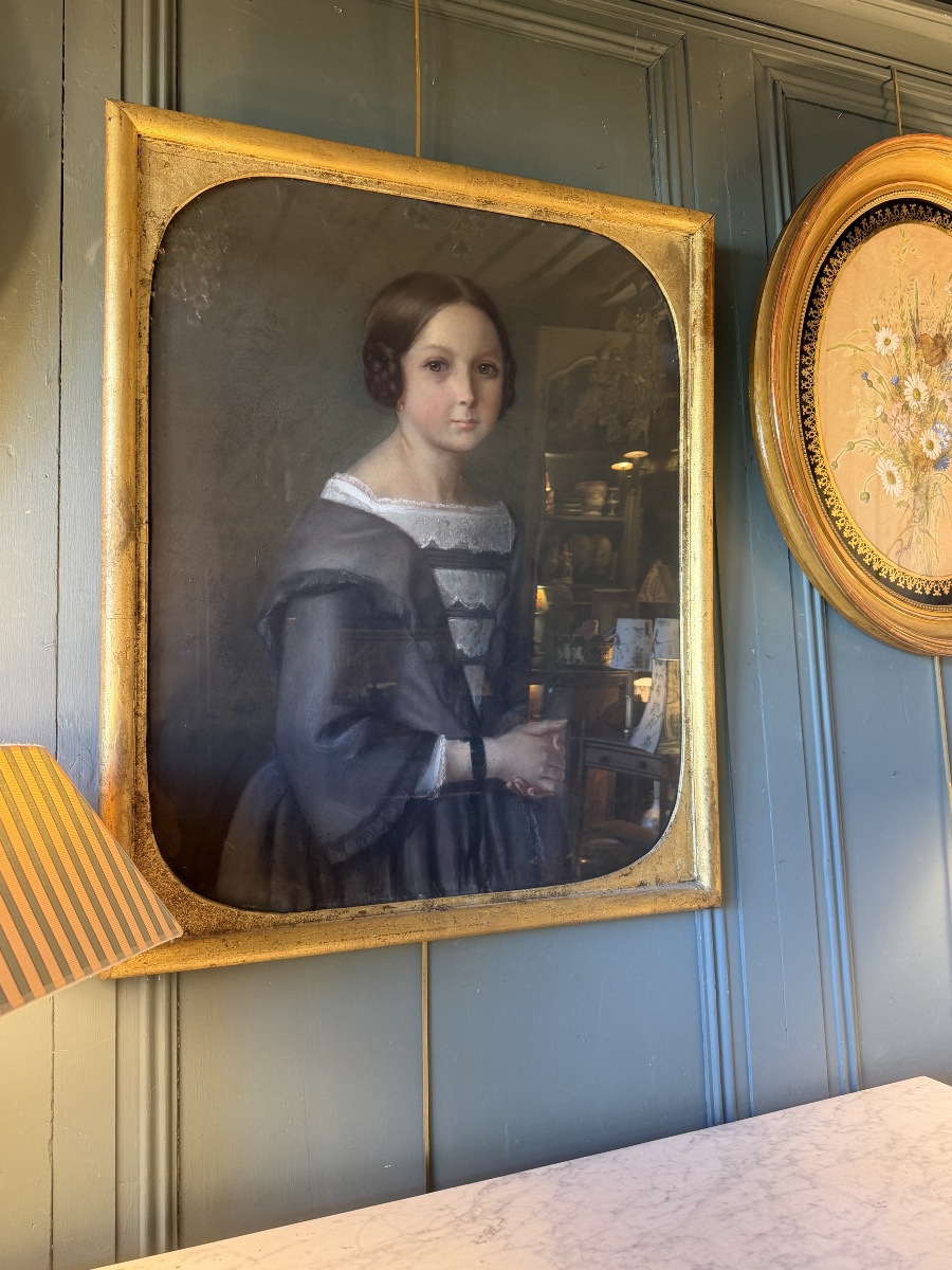 Large Romantic Portrait Of A Young Girl, 19th-century Pastel-photo-2