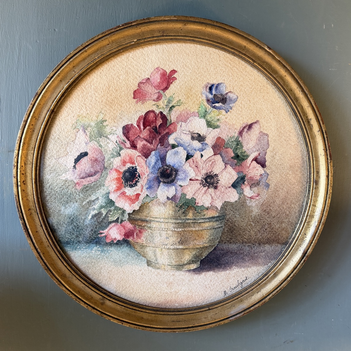 Paire d'aquarelles de fleurs début XXème, Diamètre 36 cm-photo-2