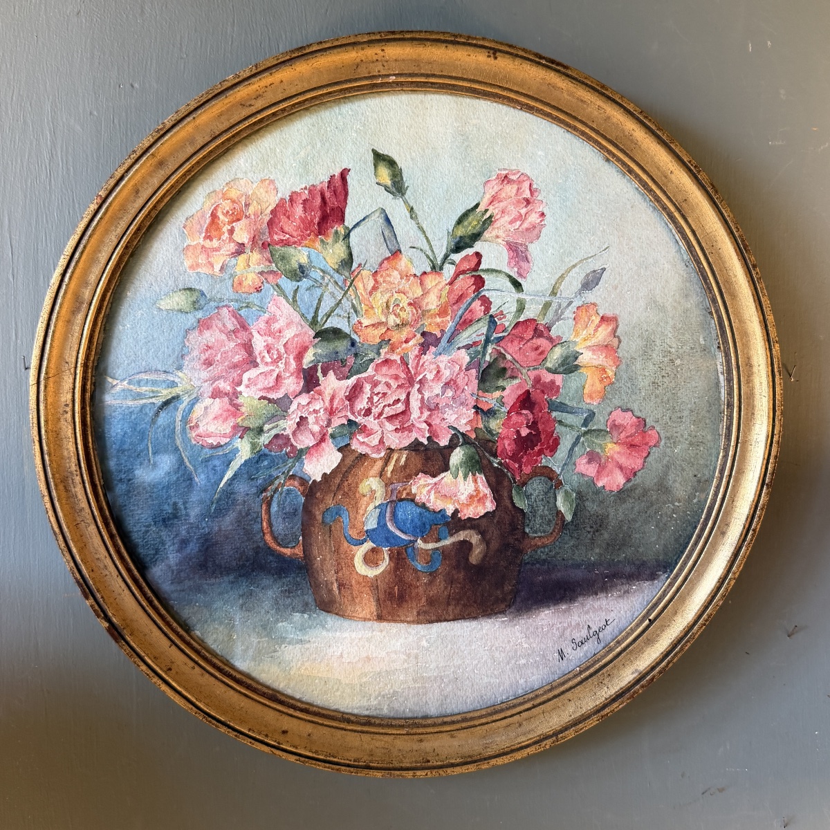Paire d'aquarelles de fleurs début XXème, Diamètre 36 cm-photo-3