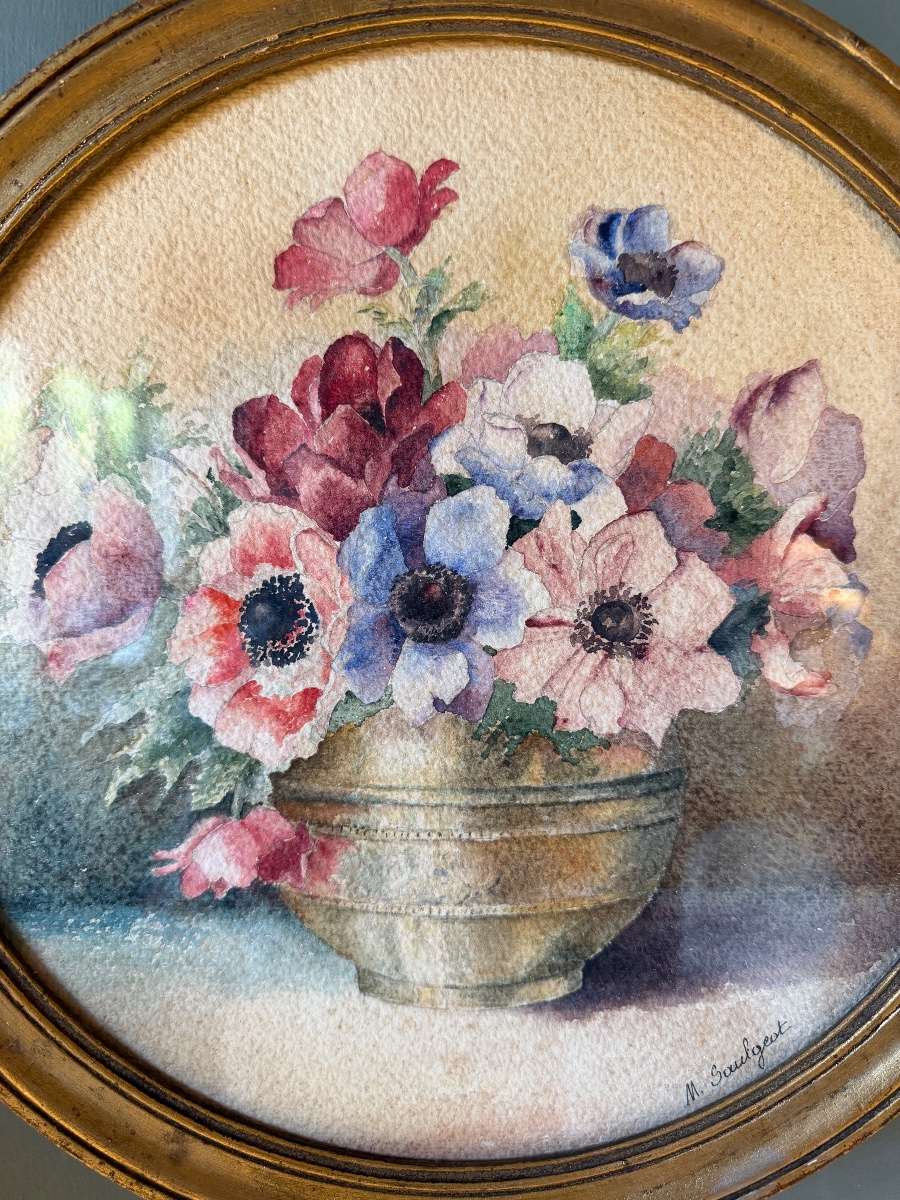 Paire d'aquarelles de fleurs début XXème, Diamètre 36 cm-photo-4
