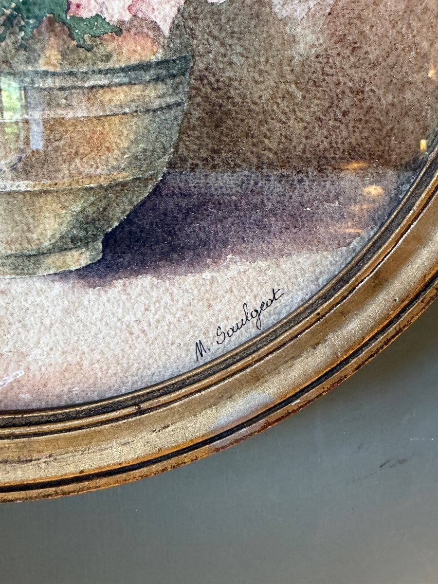 Paire d'aquarelles de fleurs début XXème, Diamètre 36 cm-photo-3